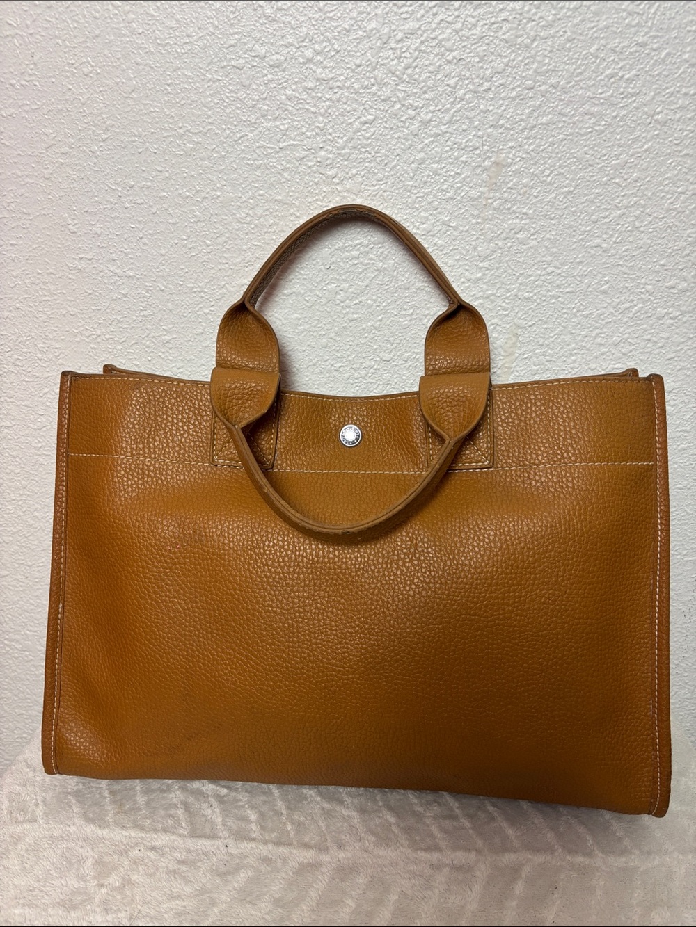 Structured Cognac Pebbled Leather Top Handle Satchel Luxury Style Handbag